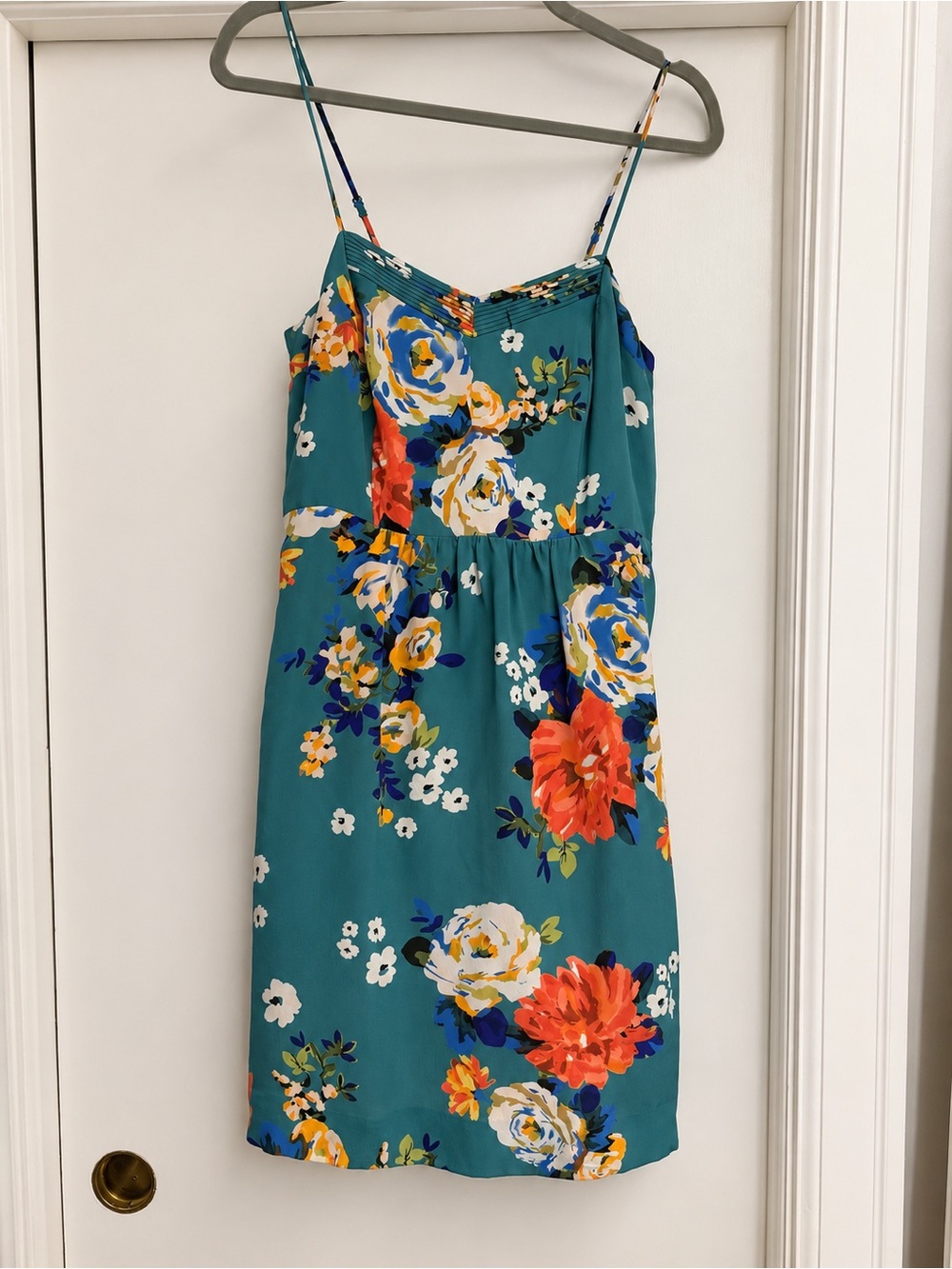 Moulinette Soeurs (Anthropology) Teal Floral Spaghetti-Strap Mini Dress, Size 6